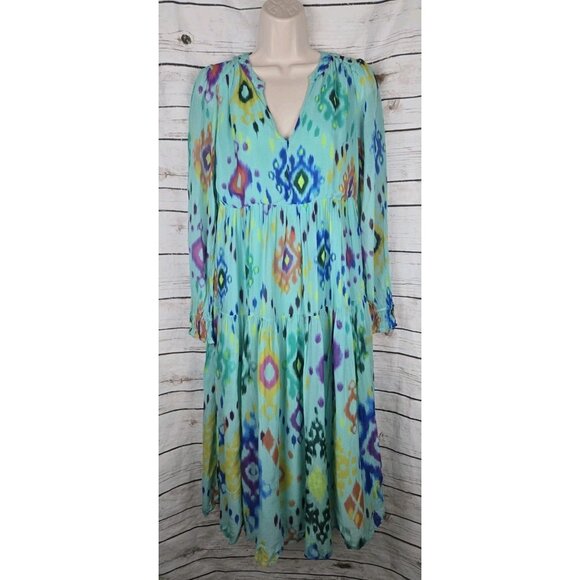 Anthropologie Serenade Maxi Dress S Petite Green Whimsical Fairy Ikat Tiered - Picture 1 of 7
